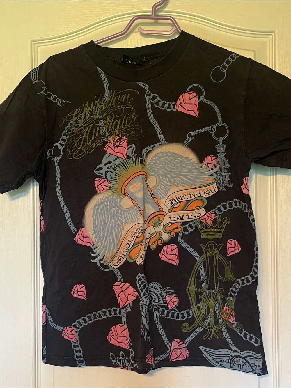 Christian Audigier Black Tee with Pink Gem & Winged Hourglass Graphic
